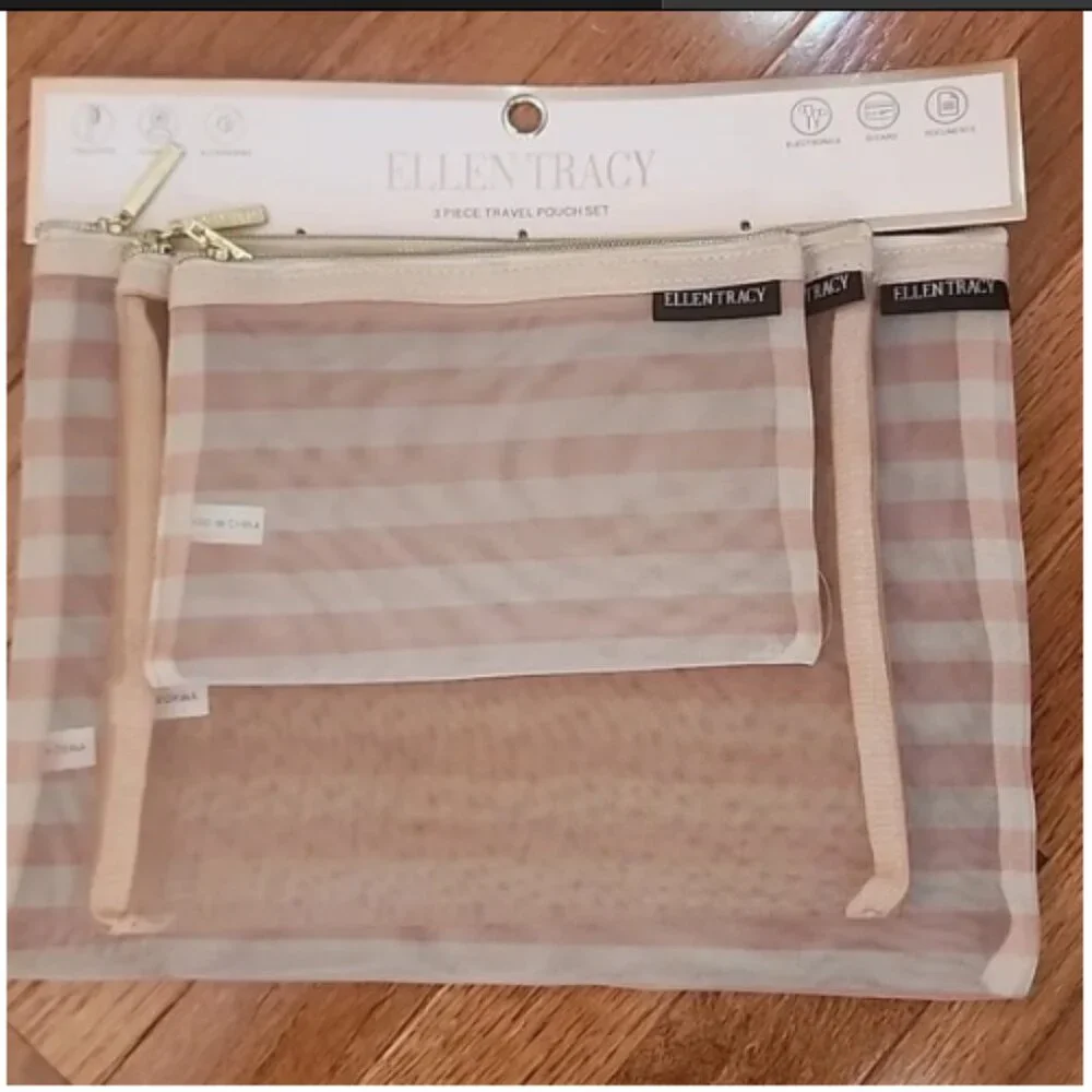 ❣️2/$36 NWT Ellen Tracy 3 Piece Mesh Pouch Set Travel Storage Pink Stripes $35